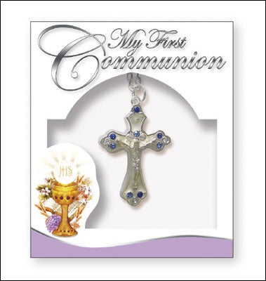 Necklace: My First Communion crucifix with blue crystals