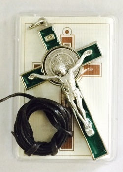 Necklace: Crucifix Metal St Benedict (7cm x 4cm) on cord