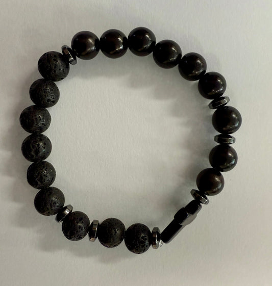 Bracelet: Gemstone & Wood with cross 5.8cm dia.