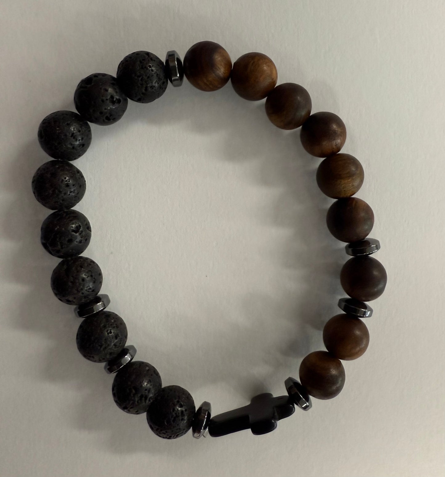Bracelet: Gemstone & Wood with cross 5.8cm dia.