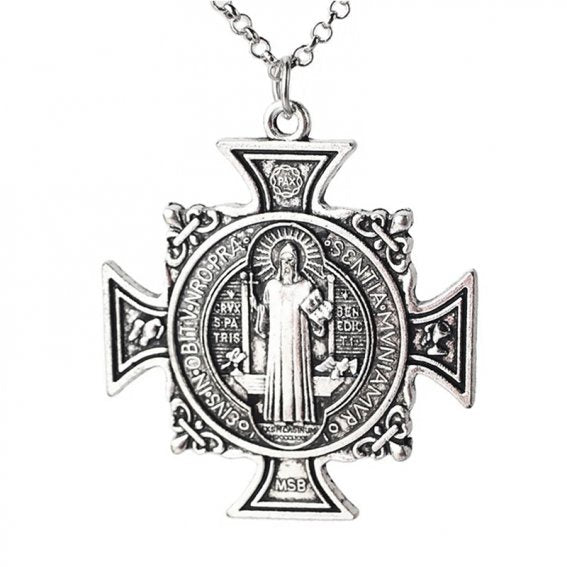 Necklace: St Benedict pendant 40mm on 60cm SP chain