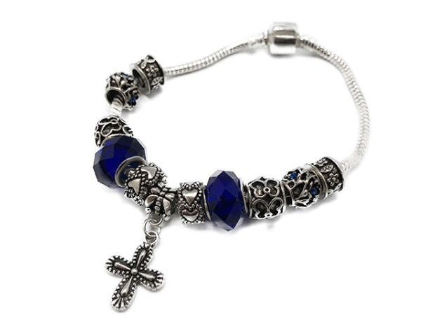 Bracelet: silver charms with cross blue