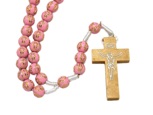 Rosary: Wood cord gold cross pink