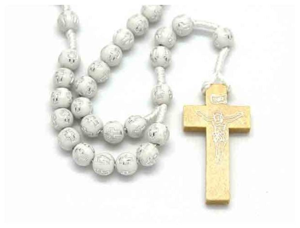 Rosary: Wood cord gold cross white