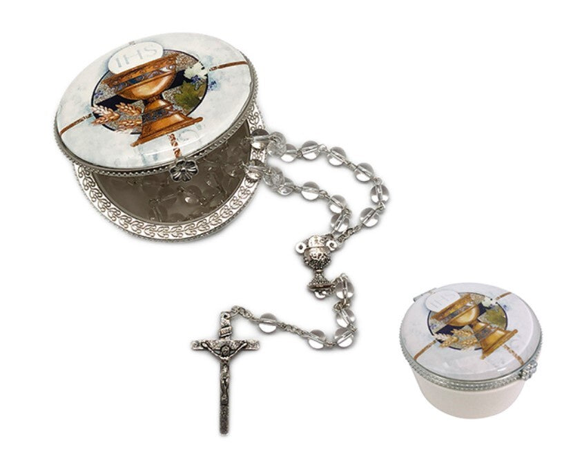 Rosary: First Holy Communion in porcelain box