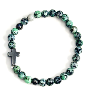 Bracelet: Green Gemstone & Hematite Cross