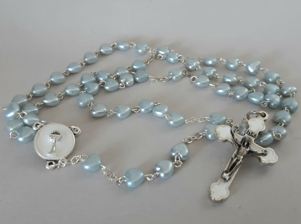 Rosary: Pearl Heart-Shaped (Pale blue/grey)