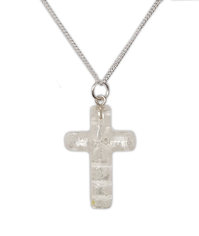 Necklace: Glass Cross on a silver chain White