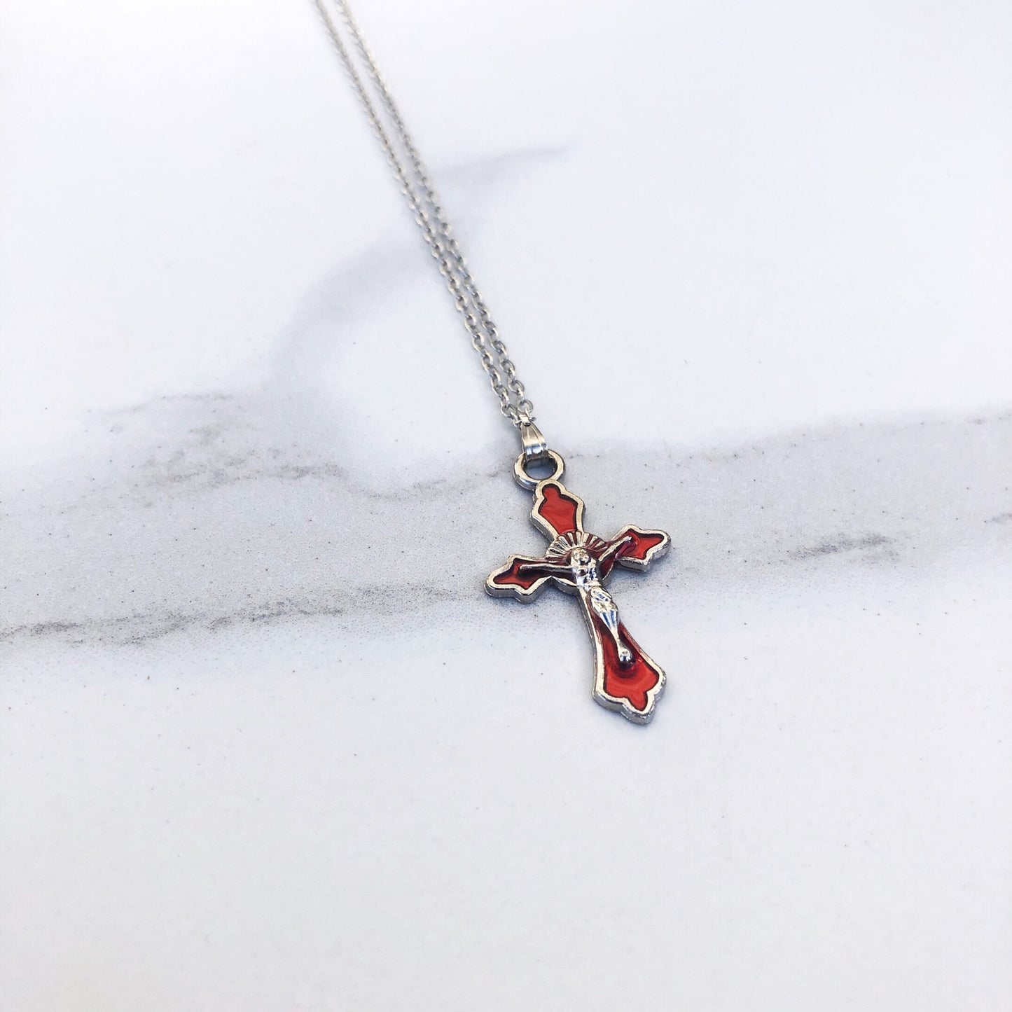Pendant: Crucifix Enamel with Silver on Chain