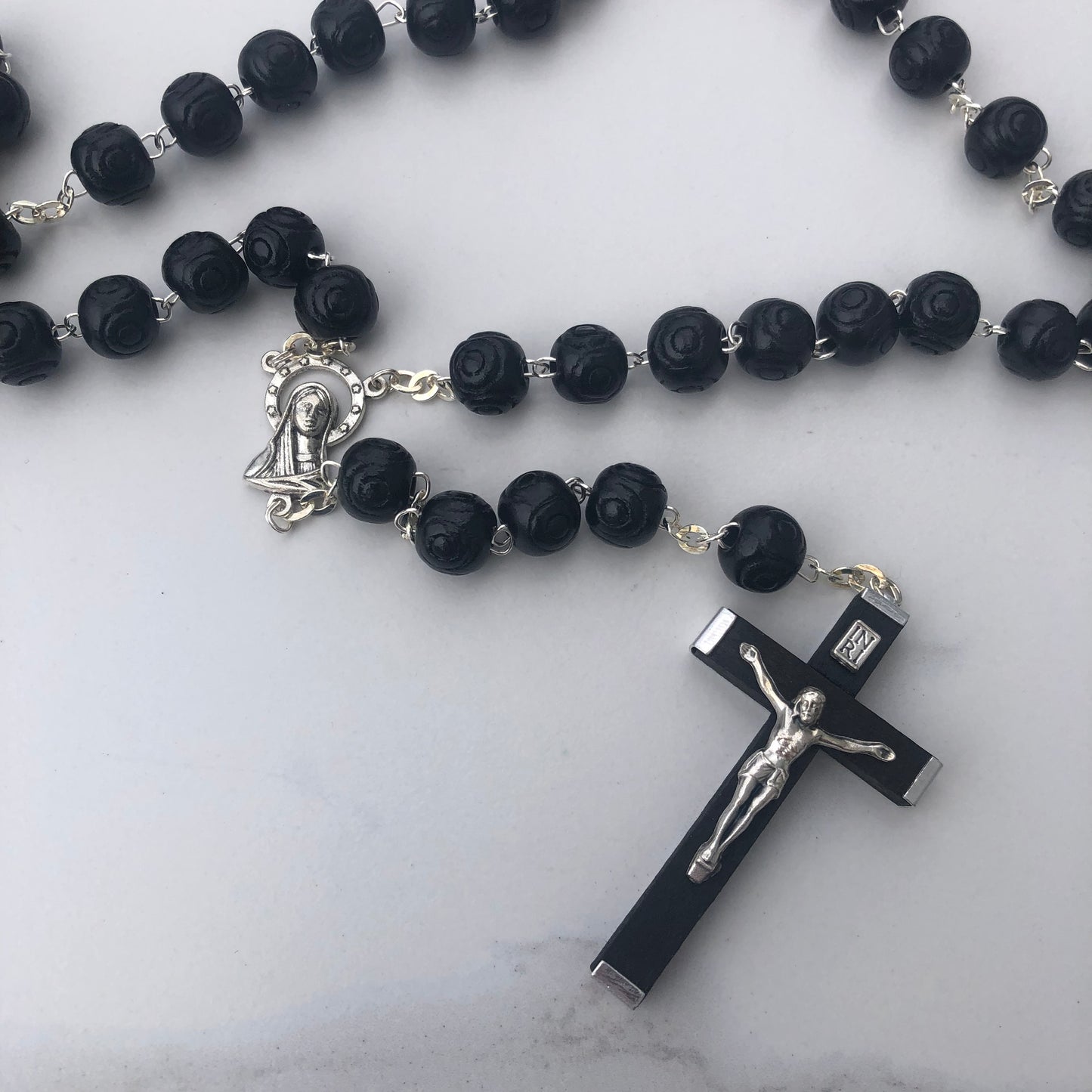 Rosary Wood Carved Black 6-8mm beads
