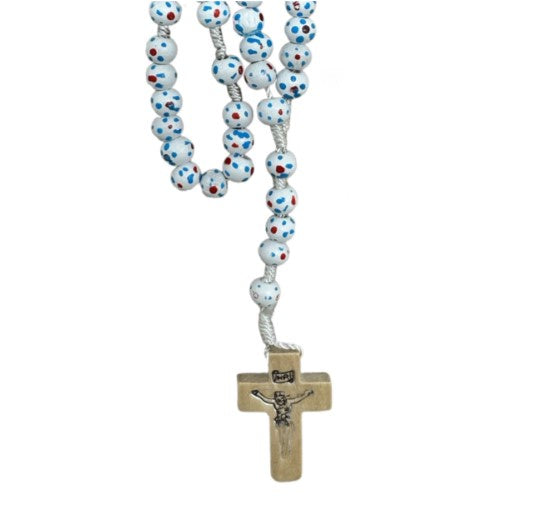 Rosary: Wood cord white with red/blue