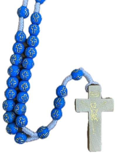Rosary: Wood cord gold cross blue
