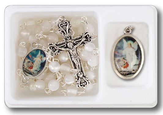 Rosary: White Acrylic with Guardian Angel Medal