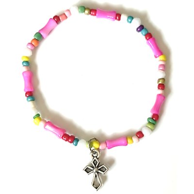 Bracelet: elastic with cross pendant boxed in heart case