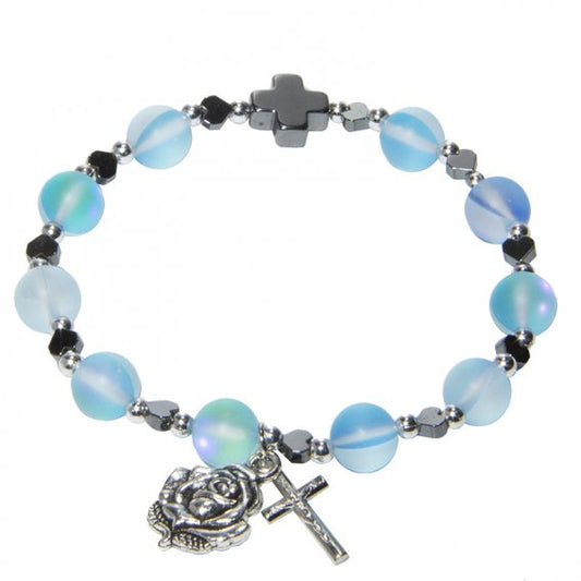 Bracelet: Lourdes Glass/Hematite Blue with cross