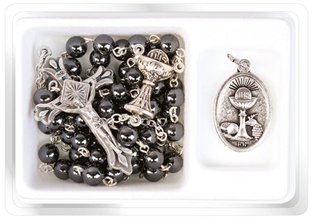 Rosary: Grey glass FHC rosary & medal