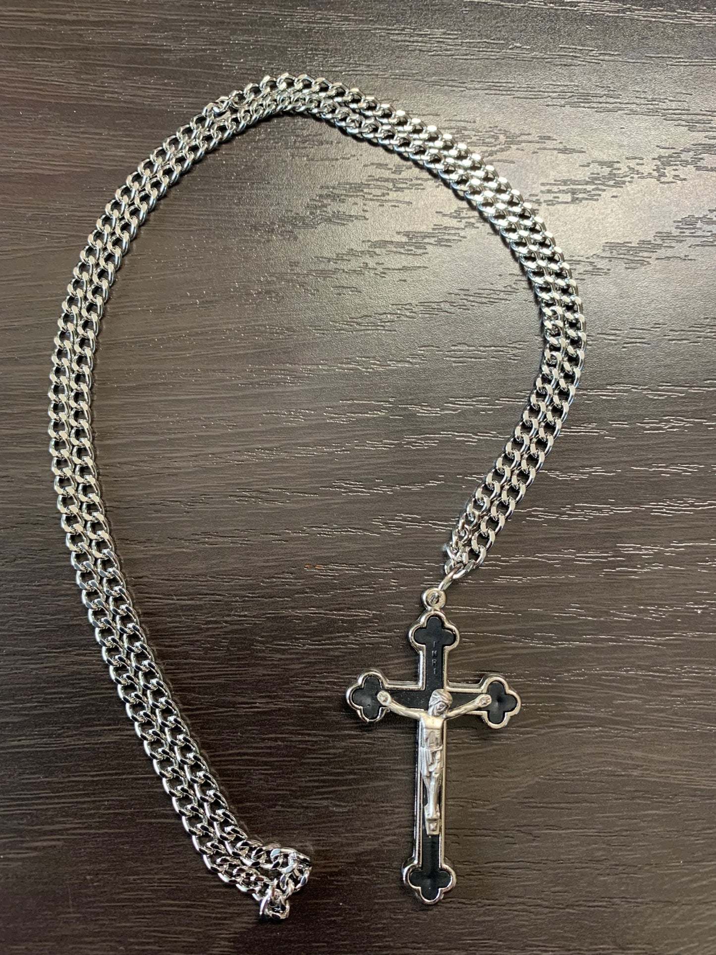 Necklace: Crucifix Metal Black on 60CM Rhodium Chain