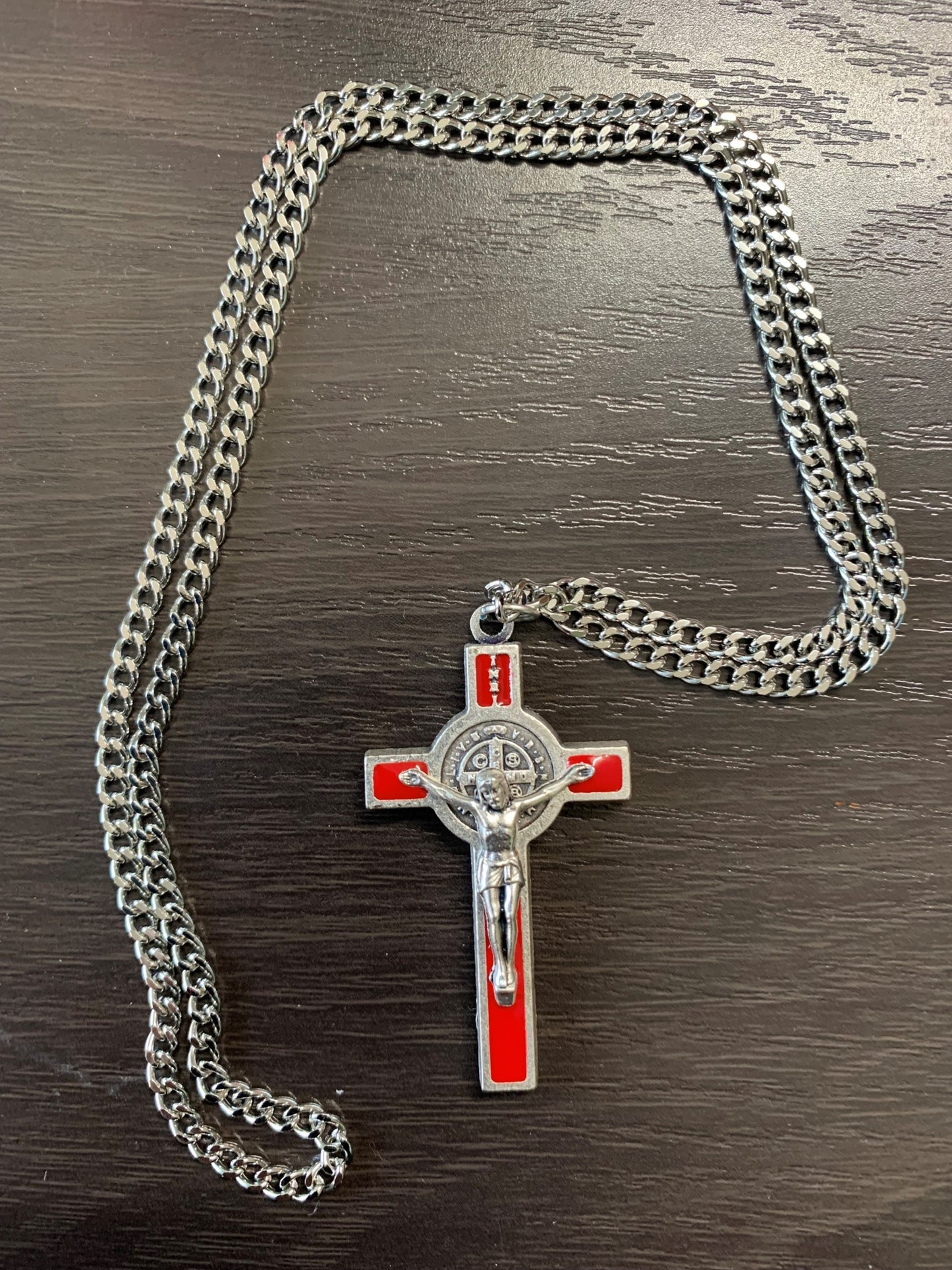 Necklace: St Benedict 50mm on rhodium 60mm chain