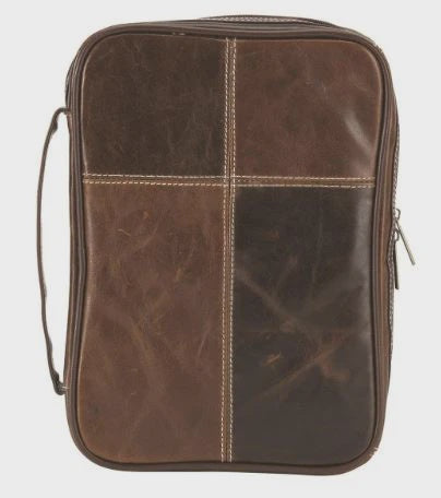 Bible Cover with Stitched Cross, brown leather