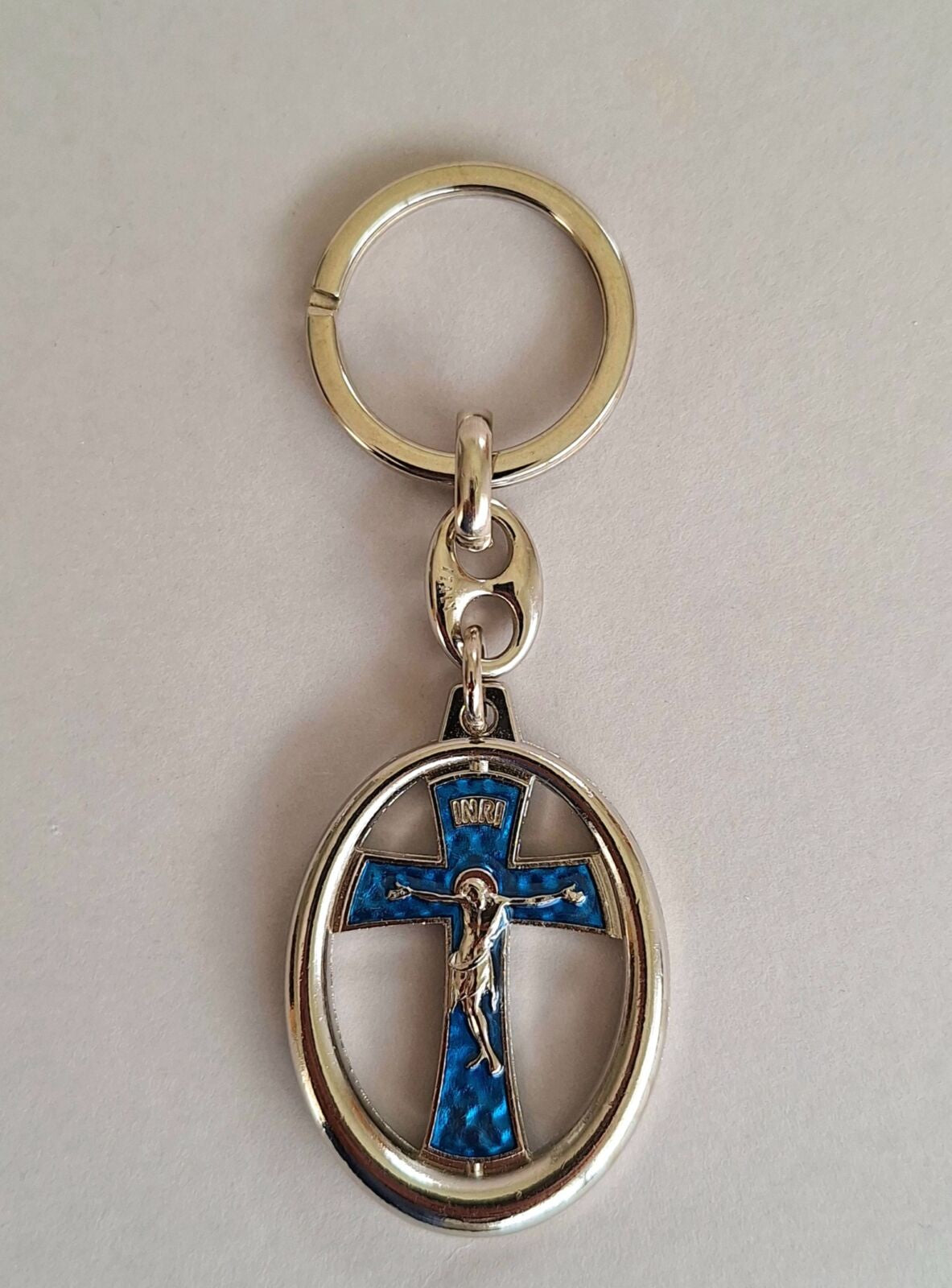 Keyring: Crucifix Blue Oval