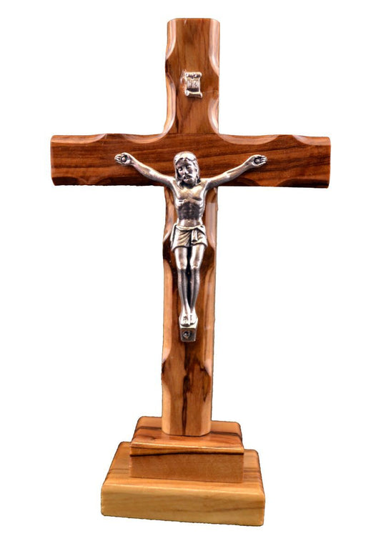 Crucifix: Standing olive wood scalloped edge 12cm