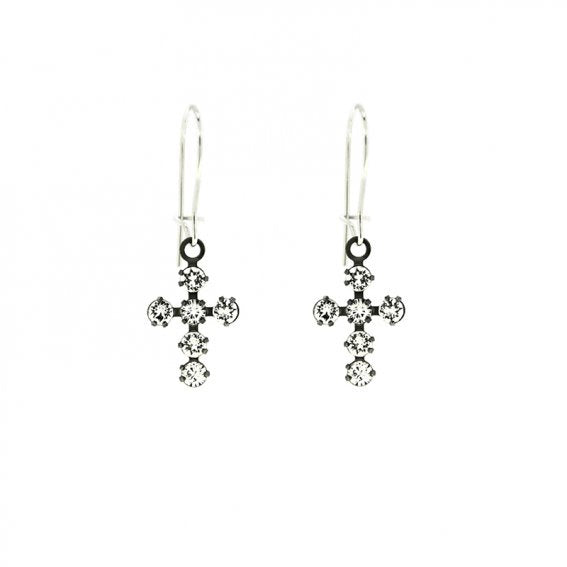 Earrings: Drop Gunmetal Cross w/crystals