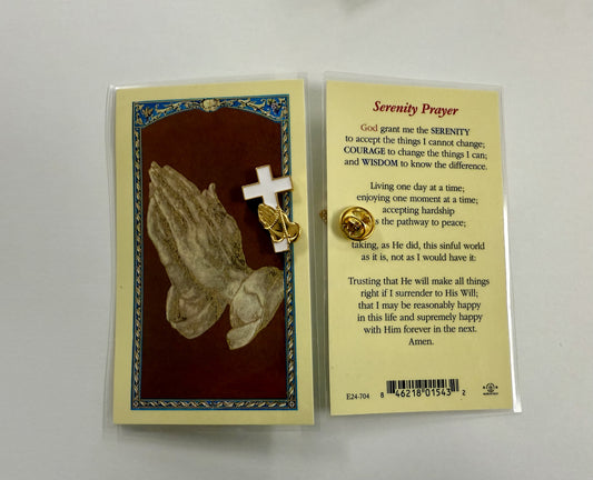 Holy Card: Serenity with lapel pin laminated