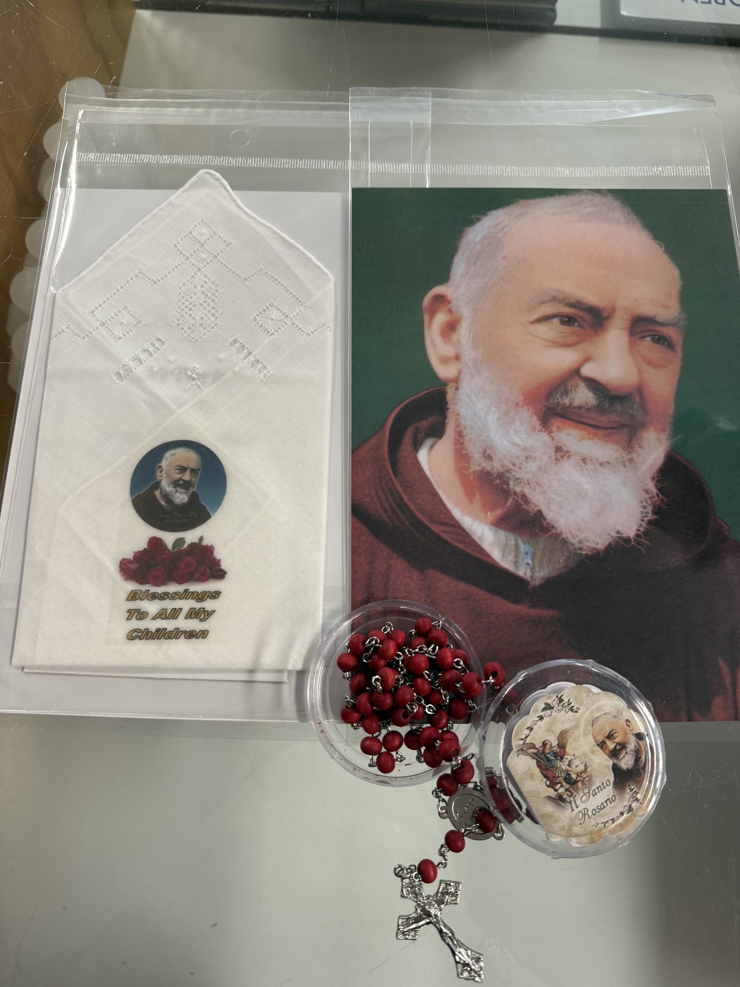 Gift Pack: Padre Pio Linen Cloth, Portrait & Scented Rosary