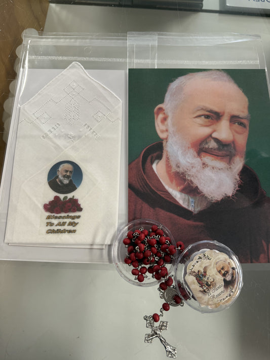 Gift Pack: Padre Pio Linen Cloth, Portrait & Scented Rosary