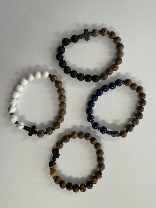 Bracelet: Stretch, dia, 5.5cm, wood bead with gemstone