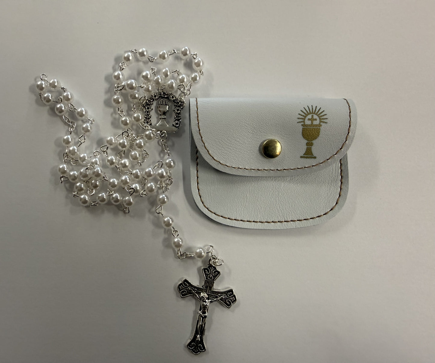 First Holy Communion Rosary and Pouch - White