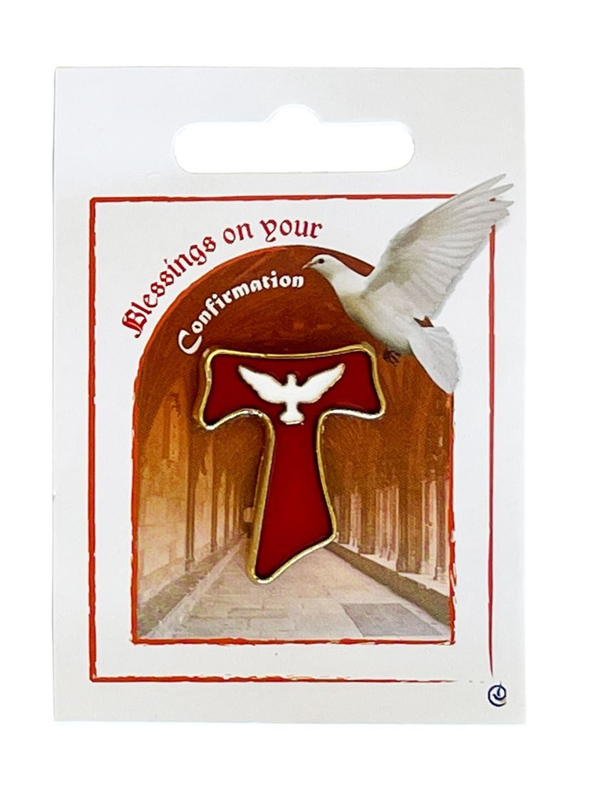 Lapel Pin: Confirmation Tau Cross red with white dove