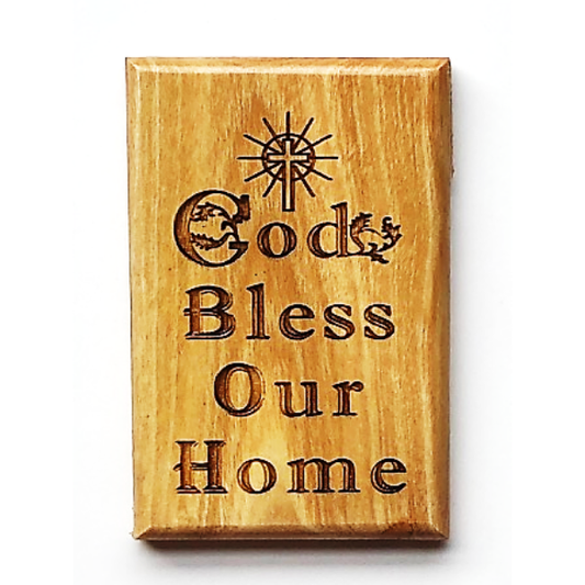 Magnet: Olive Wood God Bless Our Home 6cm x 4cm