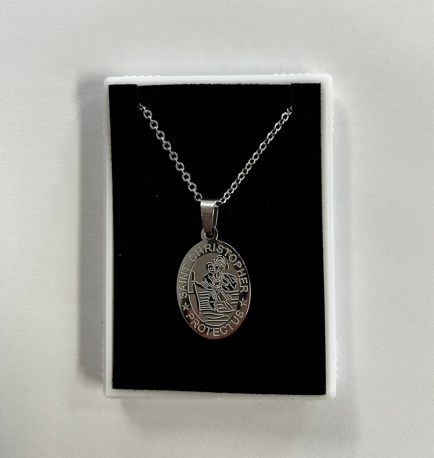 Pendant: St Christopher Steel Oval 27 x 18mm on 45cm chain