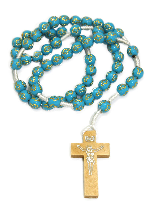 Rosary: Wood cord gold cross blue