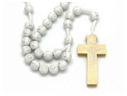 Rosary: Wood cord gold cross white