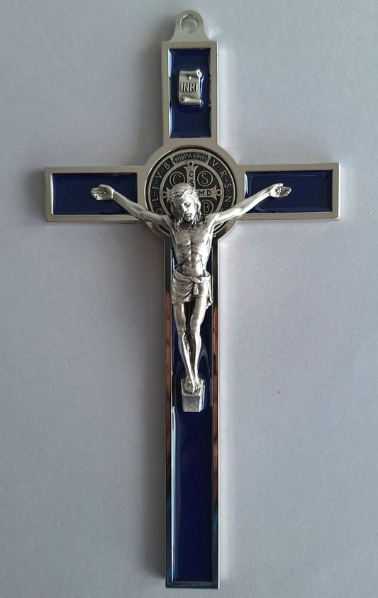 Crucifix – St Benedict Medal – Blue/Silver 7.5cm ,Italian