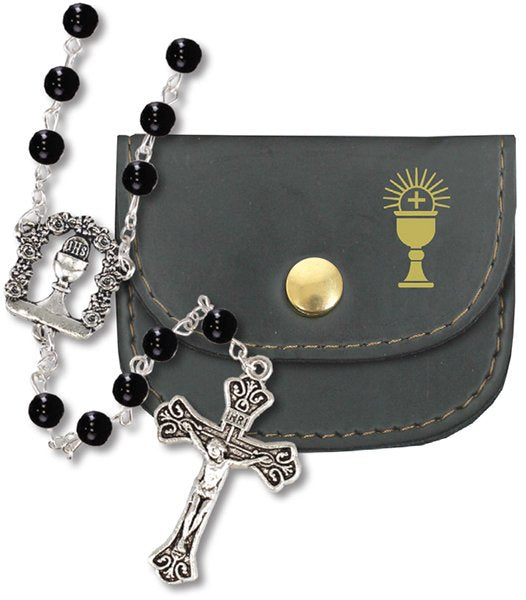 First Holy Communion Rosary and Pouch - Black