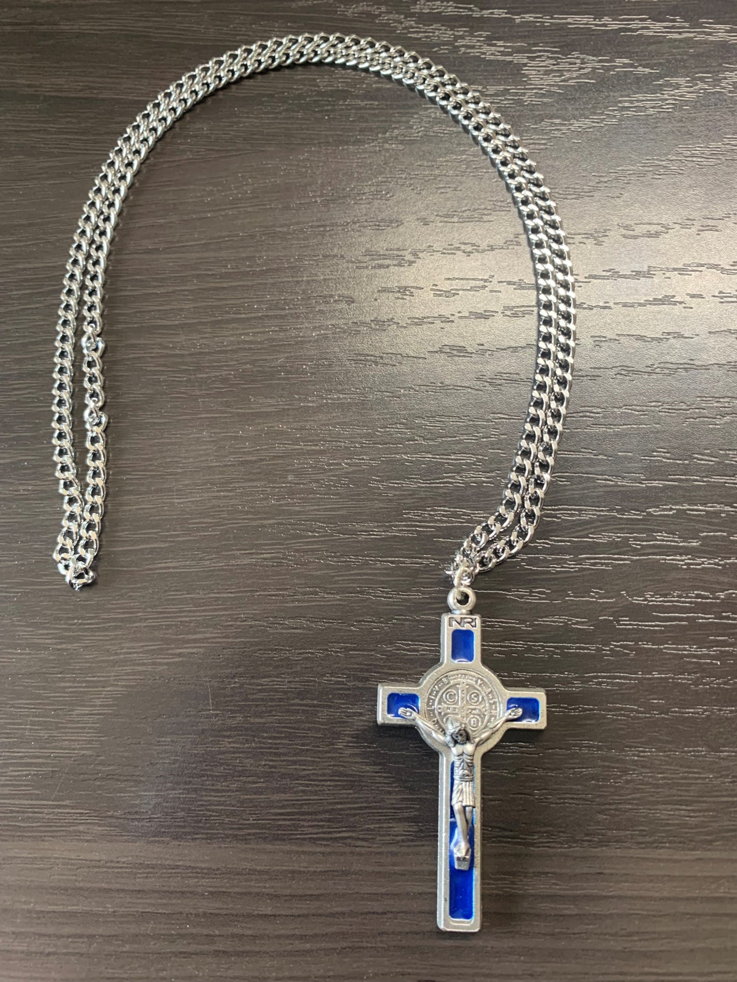 Necklace: St Benedict 50mm on rhodium 60mm chain