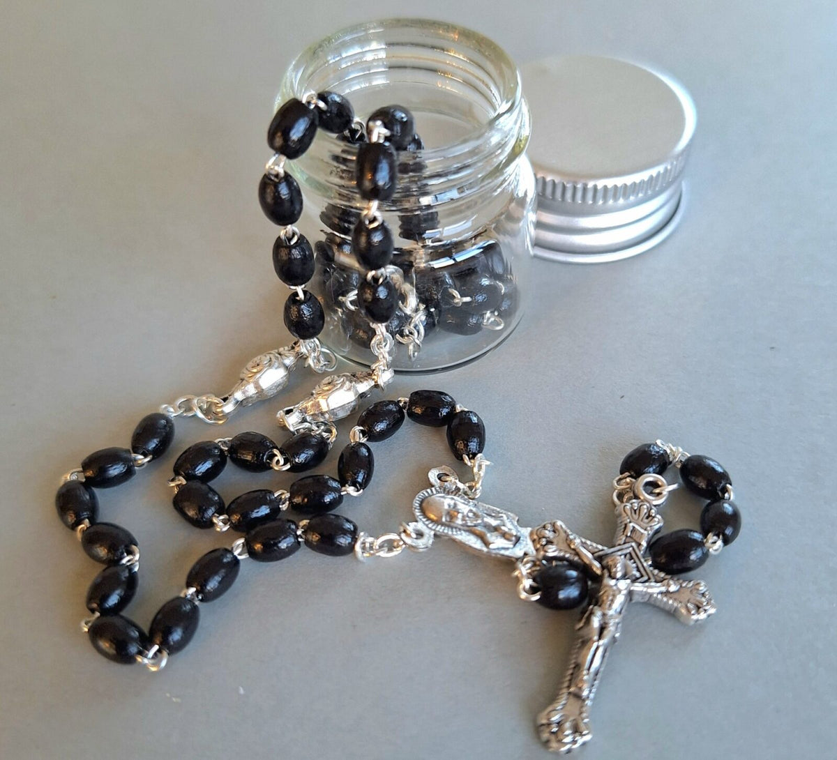 Rosary: Little Black Rosary in a Jar - Fatima