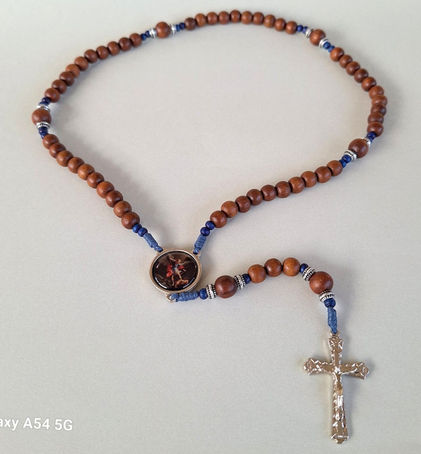 Rosary: St Michael, wooden 8mm bead coloured centre