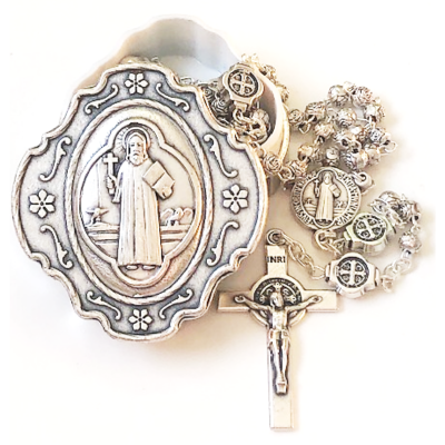 Rosary: St Benedict in metal case