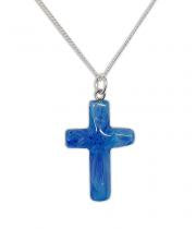 Necklace: Glass Cross Pendant on silver chain Blue