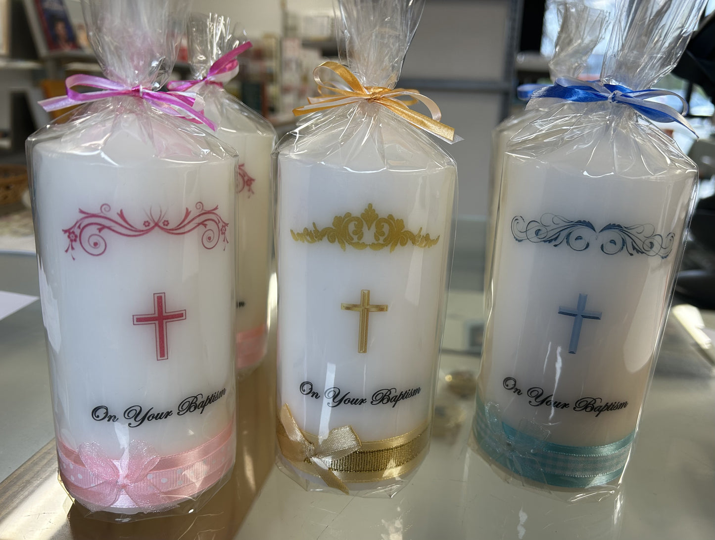 Candle: Baptism prepainted with ribbon 6.5cm x 15cm
