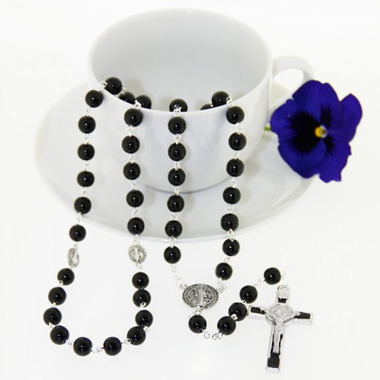 Rosary: Glass 8mm Black St Benedict SP