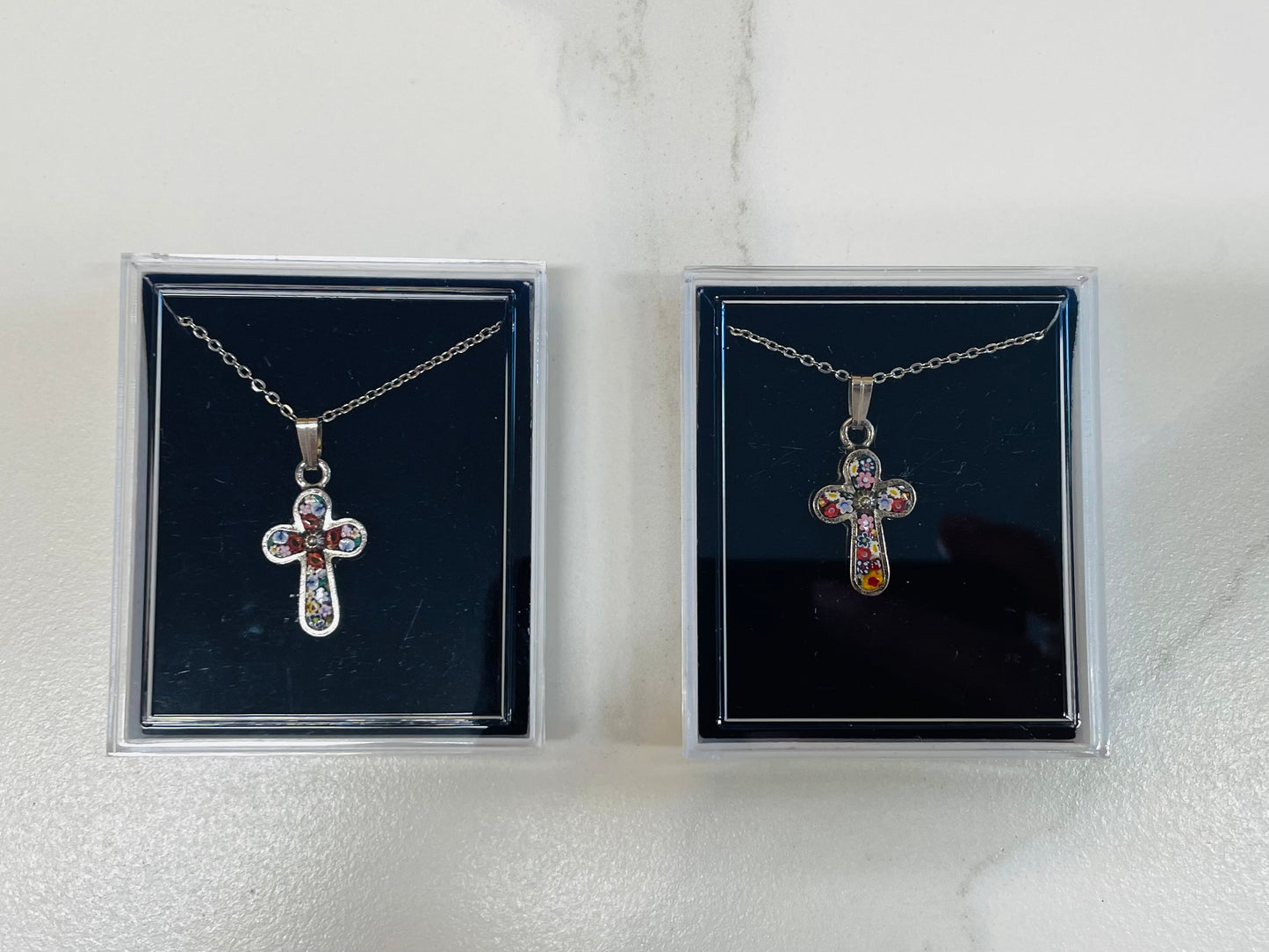 Necklace: Murano Glass Cross silver edge