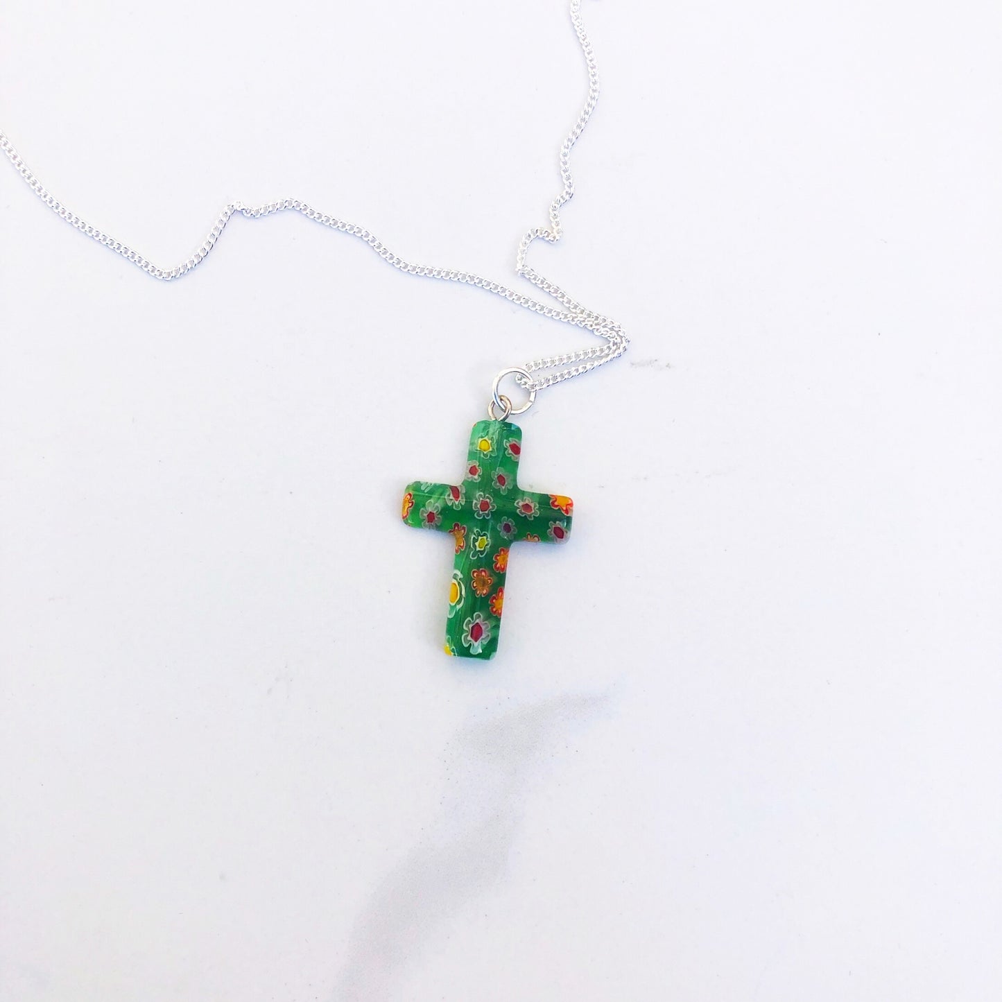 Necklace: Glass Cross Pendant on Silver Chain (Green)