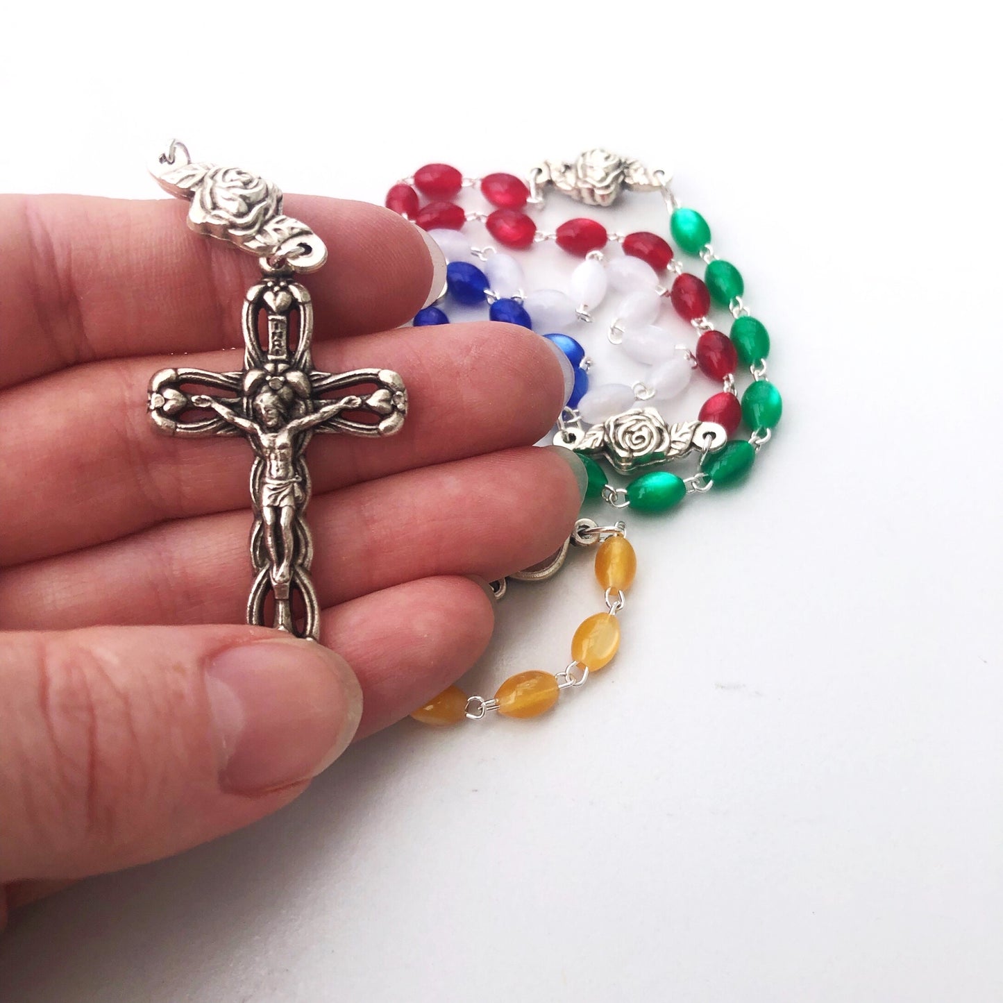 Rosary Beads: Multi Coloured - Metal Roses