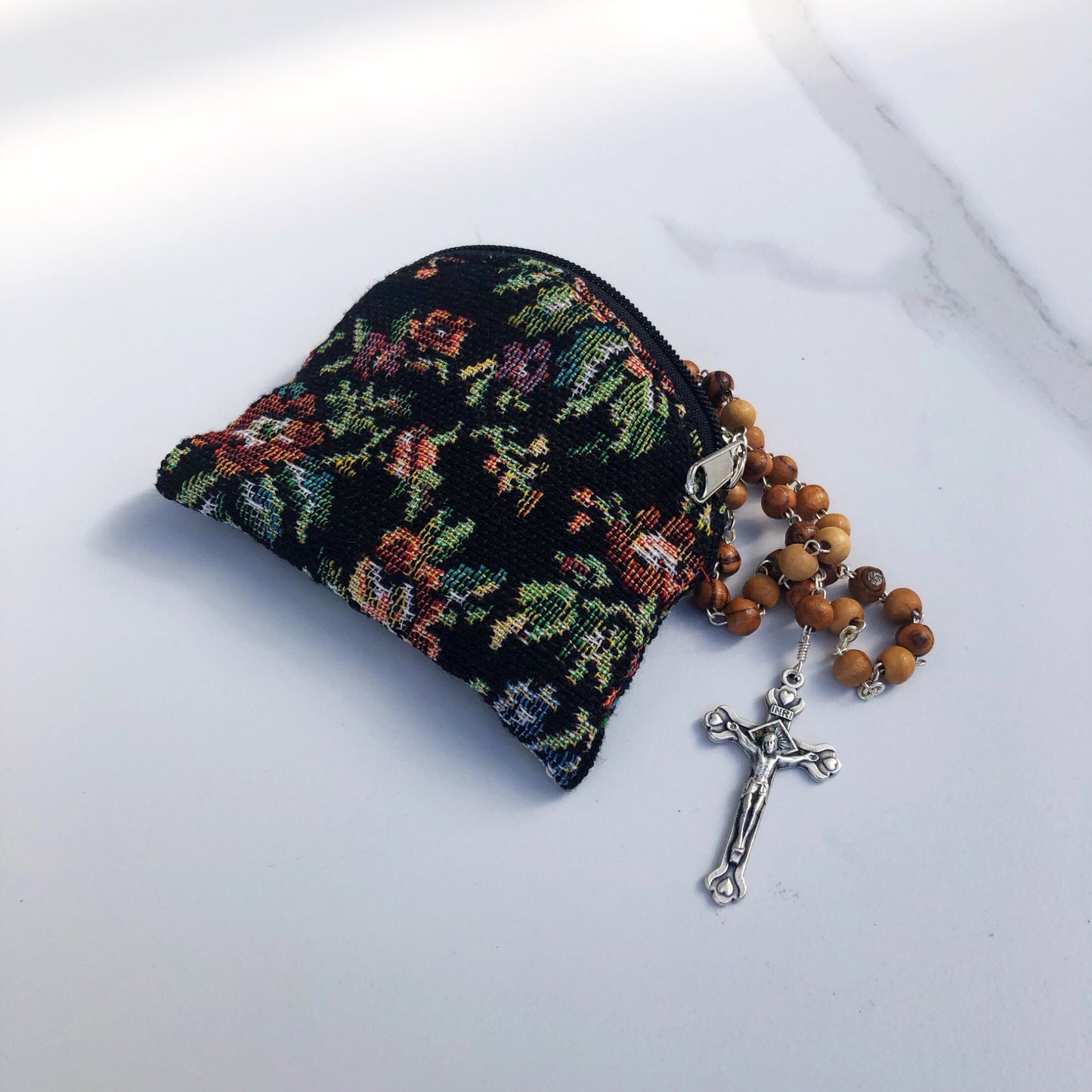 Rosary Purse Black Brocade