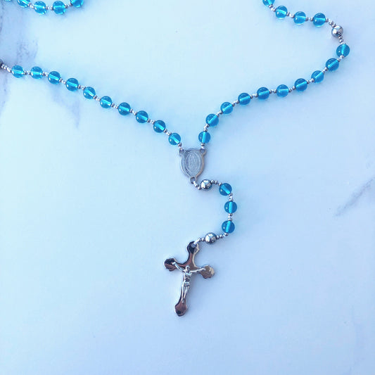 Rosary:  Stainless Steel & Blue Bead